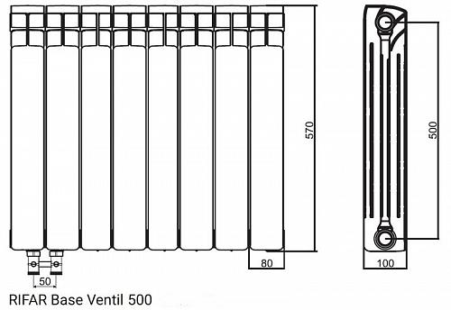 Rifar Base Ventil 500 17 секции биметаллический радиатор с нижним правым подключением
